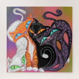 Four Colourful Cuddling Cats - Hugs - Painting Fun Jigsaw Puzzle