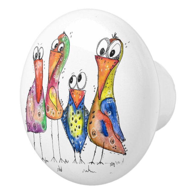 Four Colourful Whimsical Birds Ceramic Knob (Right)