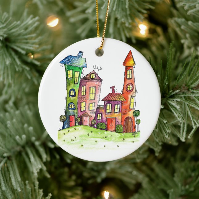 Four Colourful Whimsical Houses Ceramic Tree Decoration (Tree)