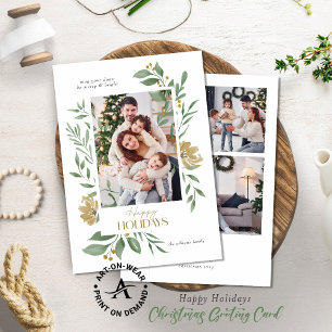 Four Custom Photos Happy Holiday Floral Frame Card