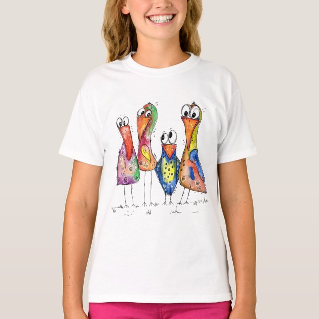 Four Cute and Whimsical Colourful Birds T-Shirt (Front)