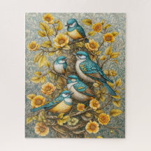 Four Cute Blue and White Birds on Blossoming Tree