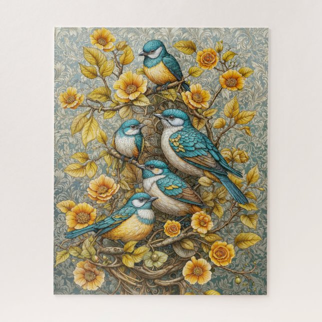 Four Cute Blue and White Birds on Blossoming Tree Jigsaw Puzzle (Vertical)