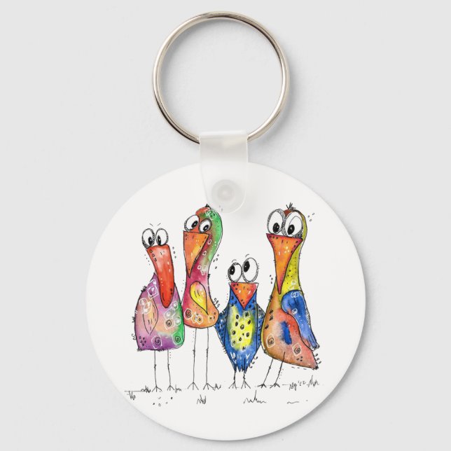 Four Cute Colorful Whimsical Birds Key Ring (Front)
