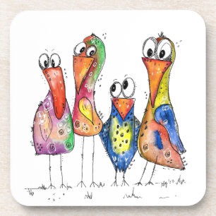 Four Cute Colourful Whimsical Birds Coaster