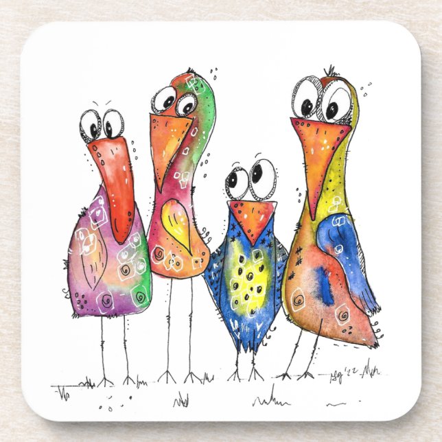 Four Cute Colourful Whimsical Birds Coaster (Front)