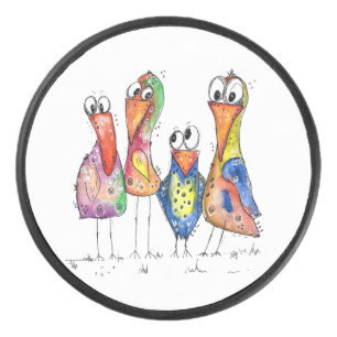 Four Cute Colourful Whimsical Birds Hockey Puck