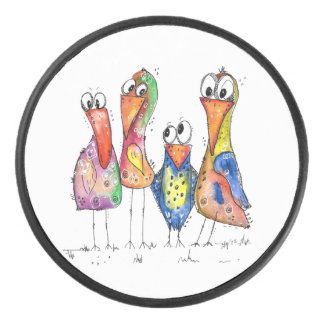 Four Cute Colourful Whimsical Birds Hockey Puck
