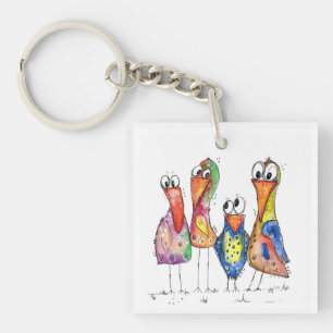 Four Cute Colourful Whimsical Birds Key Ring