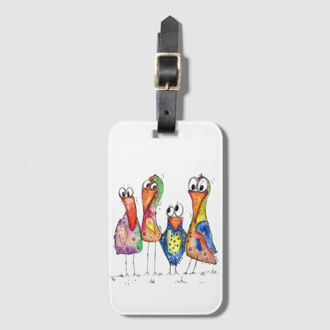 Four Cute Colourful Whimsical Birds Luggage Tag (Front Vertical)