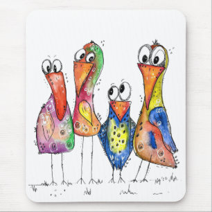 Four Cute Colourful Whimsical Birds Mouse Mat