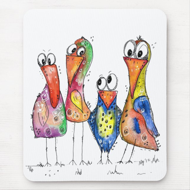 Four Cute Colourful Whimsical Birds Mouse Mat (Front)
