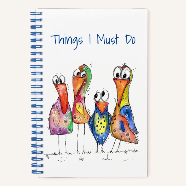 Four Cute Colourful Whimsical Birds Notebook (Front)