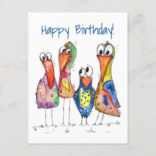 Four Cute Colourful Whimsical Birds Postcard