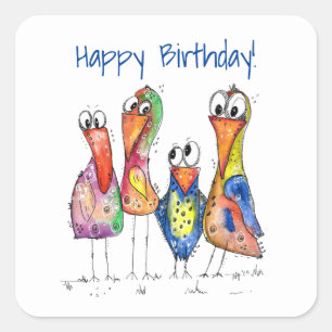 Four Cute Colourful Whimsical Birds Square Sticker