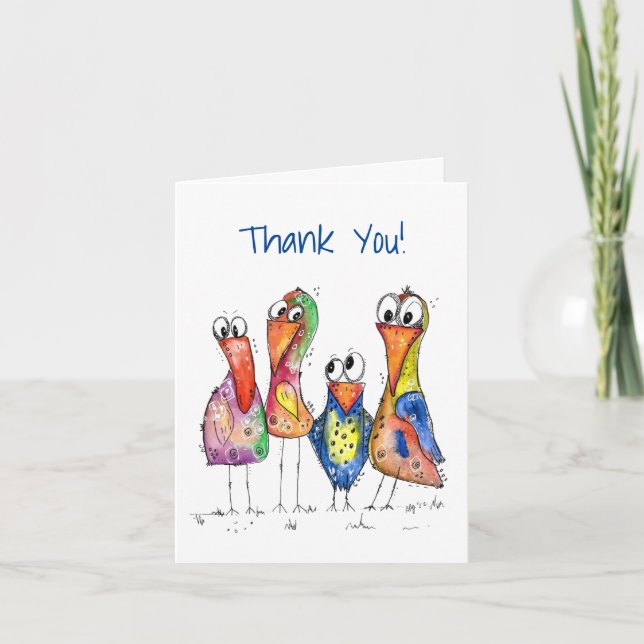 Four Cute Colourful Whimsical Birds Thank You Card (Front)