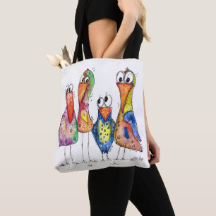 Four Cute Colourful Whimsical Birds Tote Bag