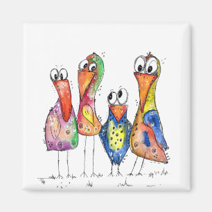 Four Cute Whimsical Colorful Birds Magnet