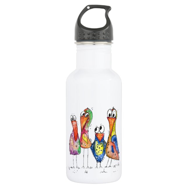 Four Cute Whimsical Colourful Birds 532 Ml Water Bottle (Front)