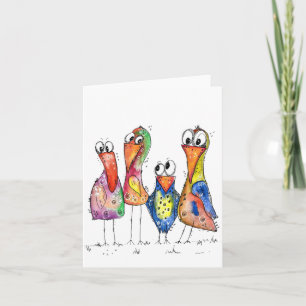 Four Cute Whimsical Colourful Birds Card
