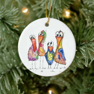 Four Cute Whimsical Colourful Birds Ceramic Tree Decoration