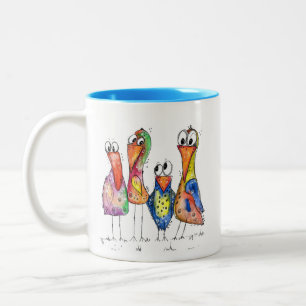Four Cute Whimsical Colourful Birds Two-Tone Coffee Mug