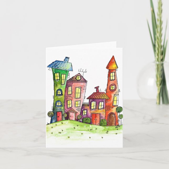 Four Cute Whimsical Houses Card (Front)