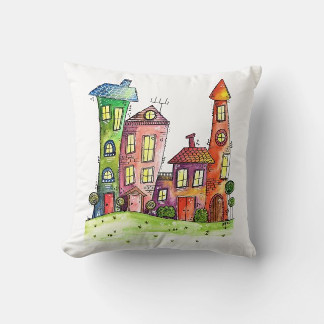 Four Cute Whimsical Houses Cushion (Front)
