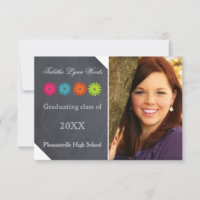 Four Daisies Chalkboard - 3x5 Grad Announcement (Front)