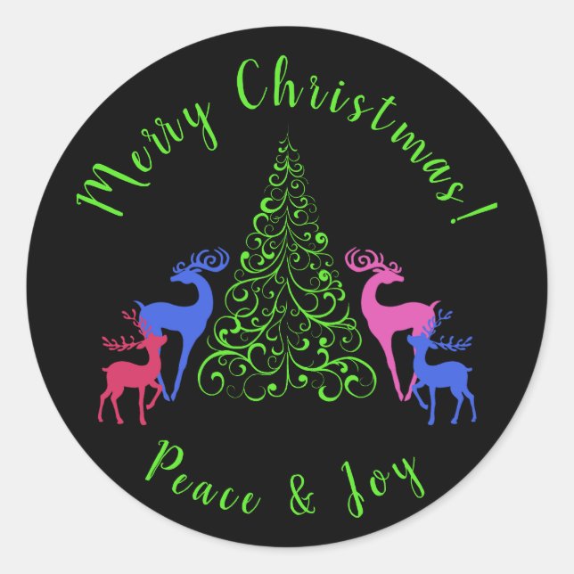 Four Deer & a Merry Christmas Tree Peace & Joy Classic Round Sticker (Front)