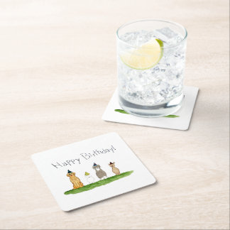 Four Dogs in Party Hats Birthday Square Paper Coaster