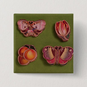 Four enamelled and jewelled boxes, butterfly 15 cm square badge