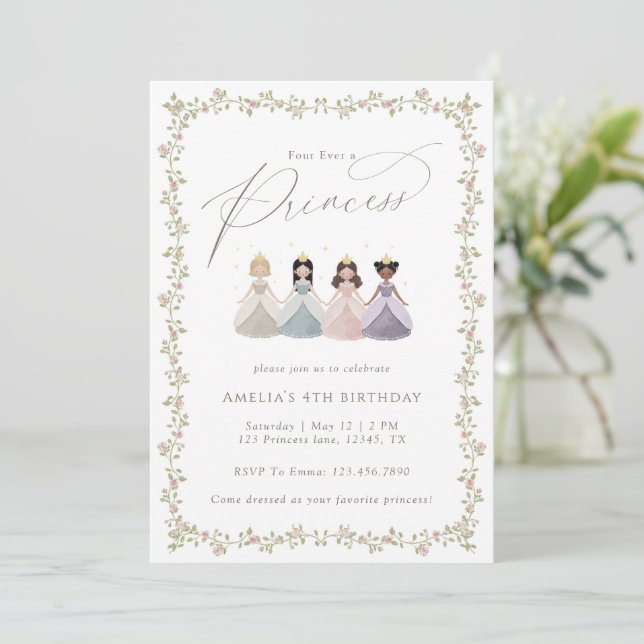 Four Ever a Princess Girls 4th Birthday Party  Invitation (Standing Front)