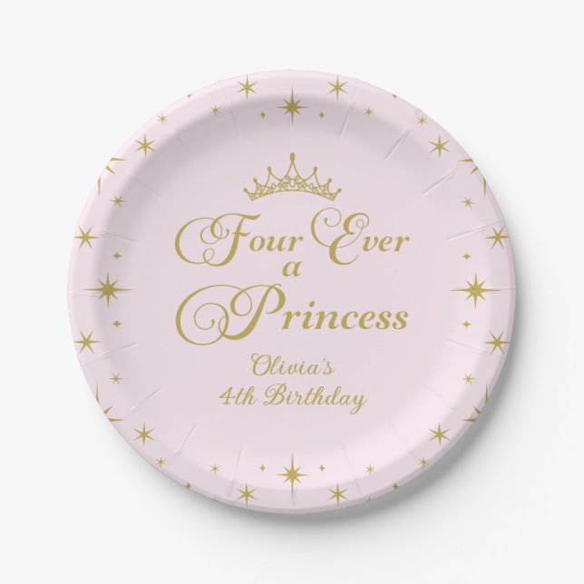 Four Ever a Princess Gold Princess 4th Birthday Paper Plate (Front)