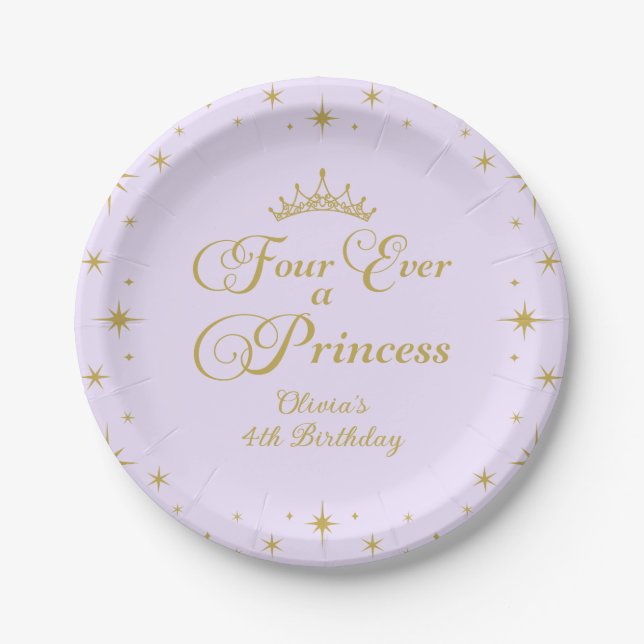 Four Ever a Princess Gold Princess 4th Birthday Paper Plate (Front)