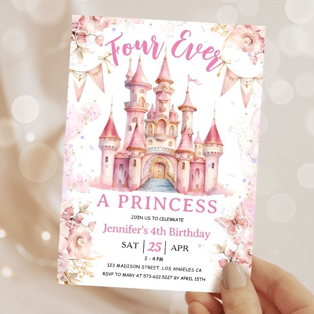 Four Ever A Princess Pink Girl 4th Birthday Party Invitation (Creator Uploaded)