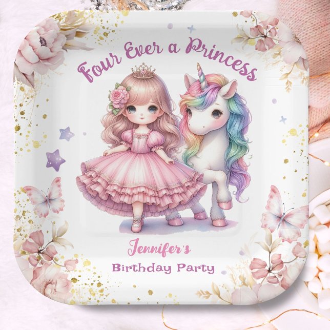 Four Ever A Princess Unicorn 4th Birthday Paper Plate (Creator Uploaded)