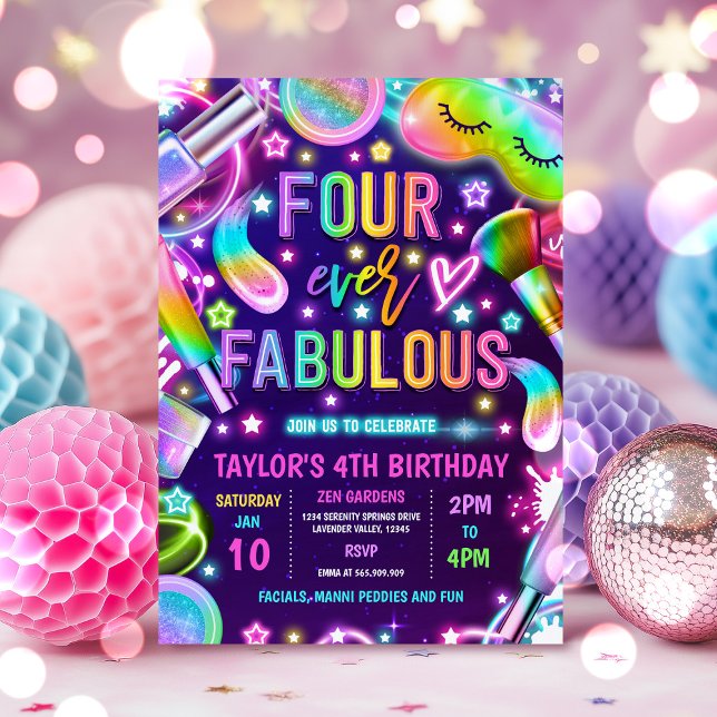 Four Ever Fabulous Glow Spa Makeup 4th Birthday Invitation (Creator Uploaded)