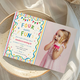 Four Ever Fun Colourful Girl 4th Birthday Photo Invitation