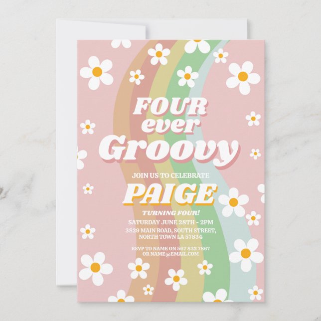 FOUR ever Groovy 4th Forever Pink Girl Retro 1970s Invitation (Front)