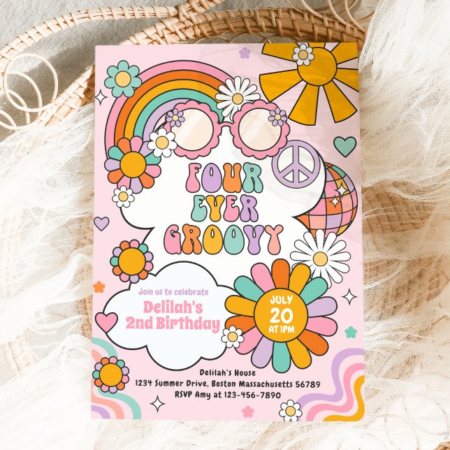 Four Ever Groovy 70s Flower Power Rainbow Birthday Invitation (Creator Uploaded)