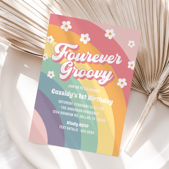 Four Ever Groovy 70s Rainbow Daisy 4th Birthday Invitation (Creator Uploaded)