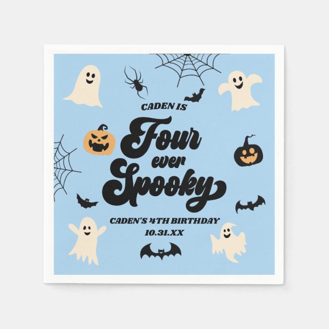 Four Ever Groovy Blue Halloween 4th Birthday Party Napkin (Front)