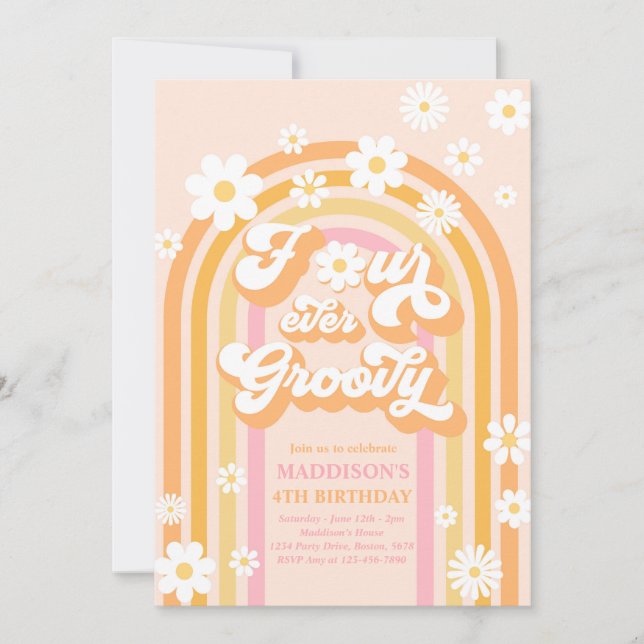Four Ever Groovy Boho Daisy Rainbow 4th Birthday Invitation (Front)