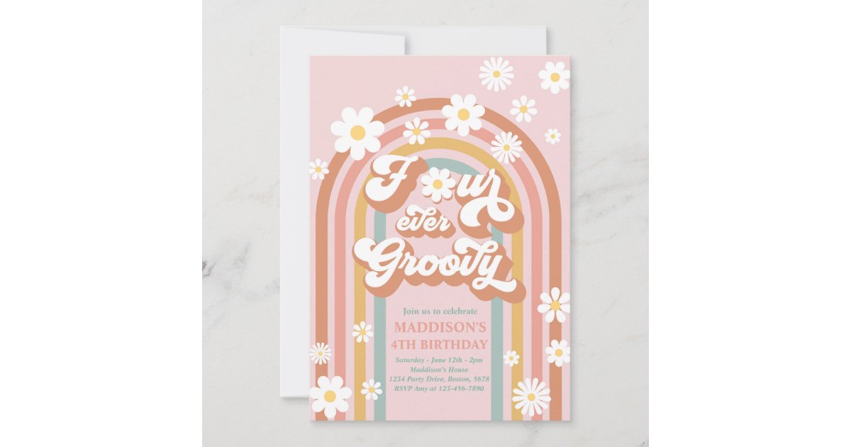 Four Ever Groovy Boho Daisy Rainbow 4th Birthday Invitation | Zazzle