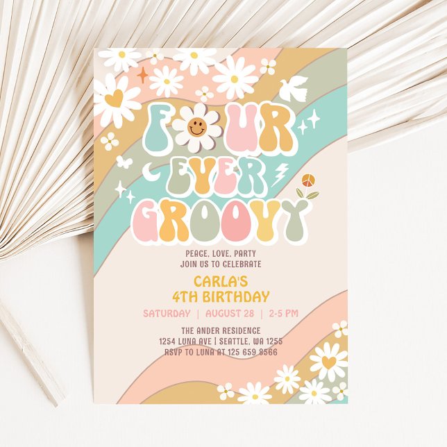 Four Ever Groovy Daisy Hippie 70's Retro Birthday Invitation (Creator Uploaded)