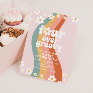 Four Ever Groovy daisy rainbow 4th birthday Invitation