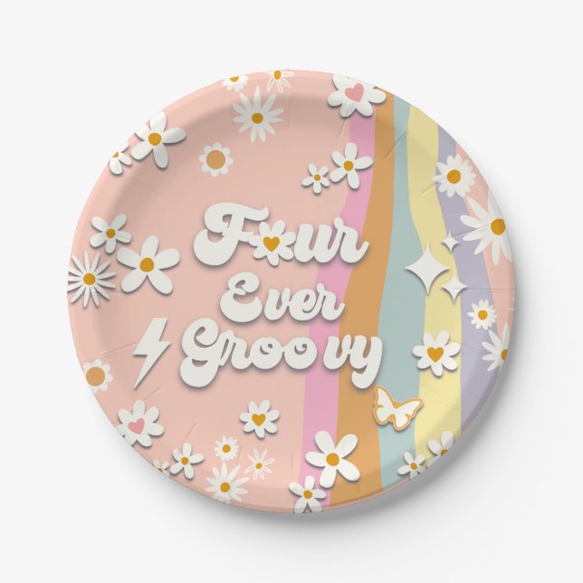 Four Ever Groovy Fourth Birthday Party Plate (Front)