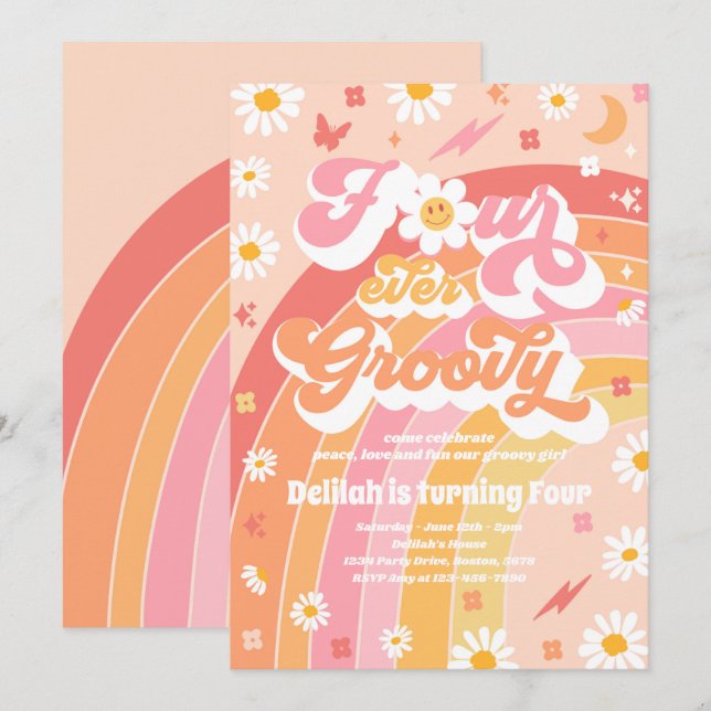 Four Ever Groovy Hippie Rainbow 4th Birthday Party Invitation (Front/Back)
