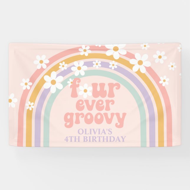 Four Ever Groovy Pastel rainbow 4th birthday Banner (Horizontal)